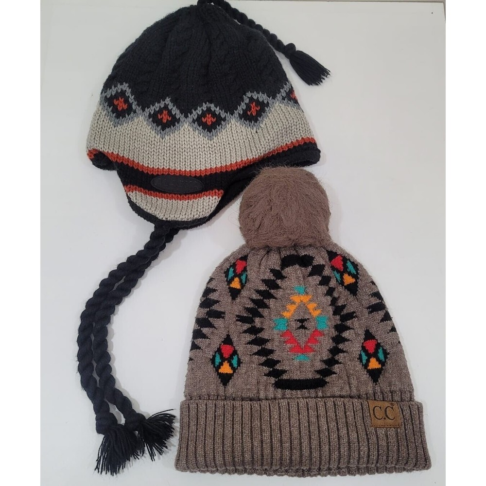 C.C. NWOT Soft Aztec Pattern Beanie w/FauxFur PomPom and Alaska EarFlaps